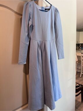 ZARA Light Blue Long-Sleeve Midi Dress with Pleated Skirt